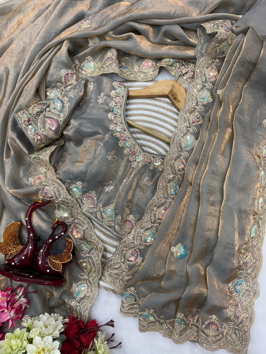 Beautiful Dual Color Soft Space Silk Sequence & Dori Embroidery Work Saree