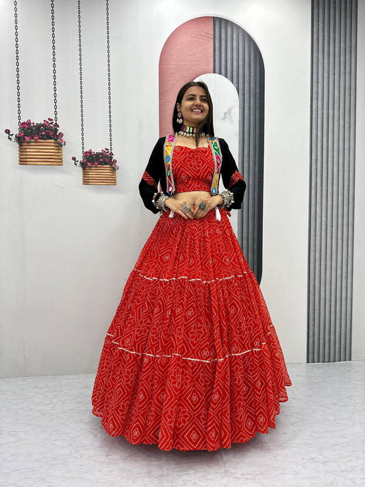 Beautiful Georgette Bandhej Big Flair Lehenga With Jacket