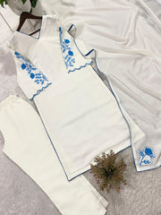Summer Perfect Roman Silk Embroidery On Sleeves Kurti Pant With Dupatta