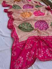 Beautiful Chinon Digital Bandhani Printed With Chakri Motifs Work Saree