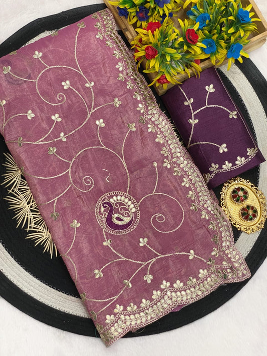 Beautiful Gold Crush Multi Coding Embroidery Work Designer Saree