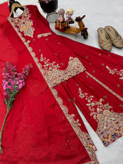 Designer Party-wear Chinon Silk Embroidery & Sequence Work Sharara Suit