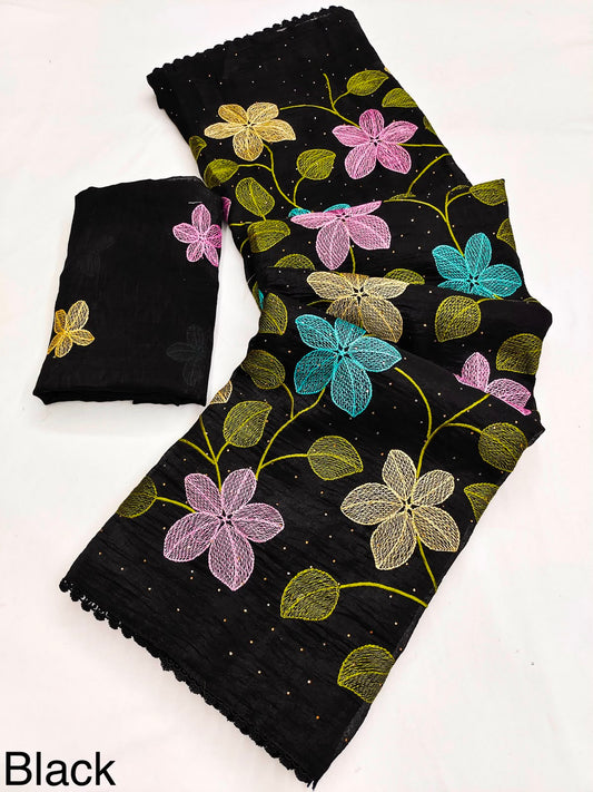 Party-wear Viscose Crunchy Silk Floral Design Embroidery Thread Work Saree
