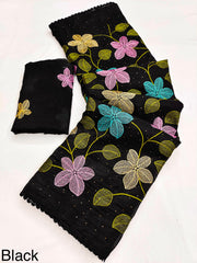 Party-wear Viscose Crunchy Silk Floral Design Embroidery Thread Work Saree