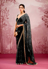 Trending Party-wear Soft Burberry Silk Embroidery & Real Mirror Hand Work Saree