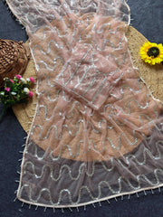 Party-wear Soft Net Real Beads With Moti Work Saree