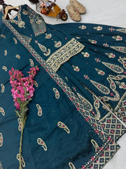 Designer Party-wear Chinon Silk Embroidery & Sequence Work Sharara Suit