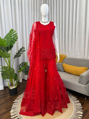 Stylish Red Net Thread With Sequence Work Sharara