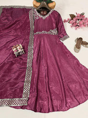 Beautiful Gold Crushed Silk Sequence Embroidery Work Long Gown