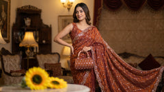 Party-wear Space Silk With Real Gold Beads With Cutwork Border Saree
