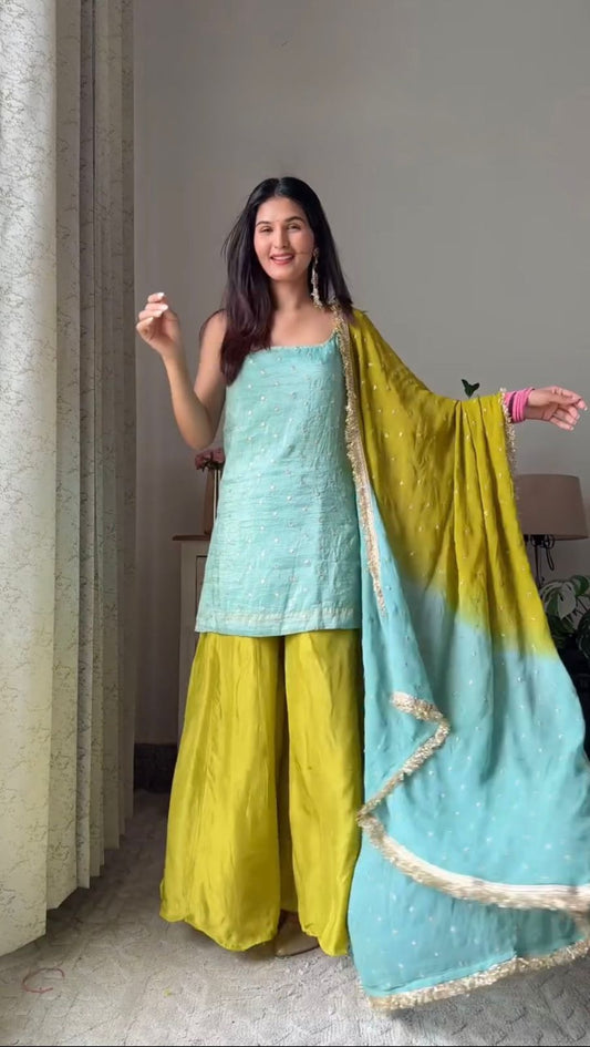 Beautiful Stylish Chinon Silk Sequence With Thread Work Sharara