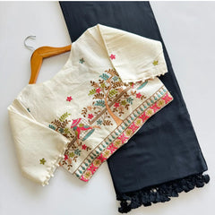 Beautiful Khadi Cotton Saree With Heavy Embroidery Work Stitched Blouse