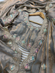 Beautiful Dual Color Soft Space Silk Sequence & Dori Embroidery Work Saree