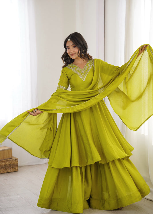 Beautiful Chinon Silk Embroidery Sequence Work Sharara