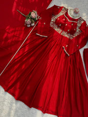 Royal Red Chinon Silk Coding Sequence With Real Mirror Work Gown