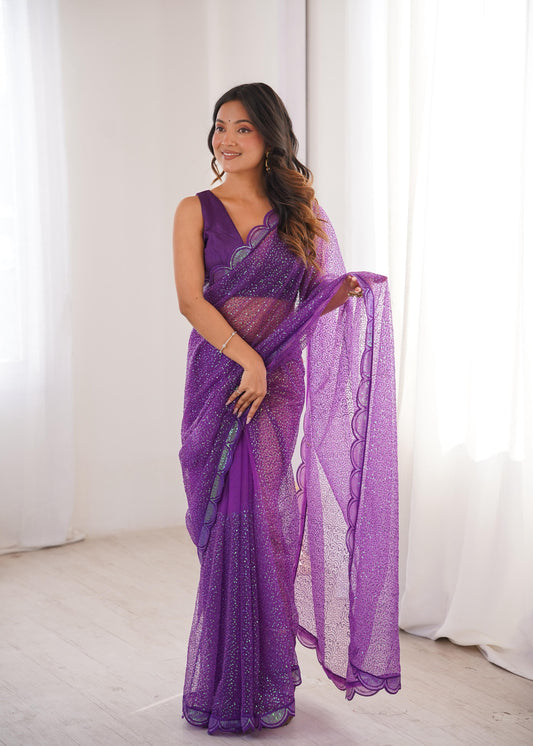 Party-wear Purple Soft Net Thread & Sequence Embroidery Work Saree