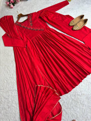 Beautiful Cherry Red Pure Mul Cotton Chanderi Gown