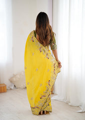 Beautiful Chinon Silk With Heavy Embroidery Thread Codding & Sequins Work Saree