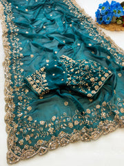 Beautiful Space Silk With Beautiful Original Golden Beads Work Saree With Stitched Blouse