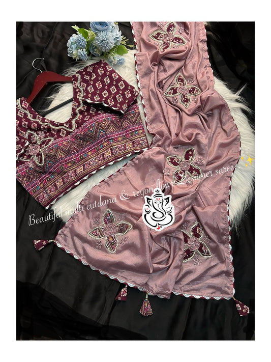 Beautiful Multi Chinon Silk Flower Butta Designer Saree