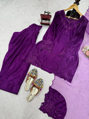 Stylish Purple Natural Crepe Beads With Thread Work Sharara Set