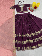Festive Special Chinon Silk Embroidery Sequence Work Lehenga With Stitched Blouse