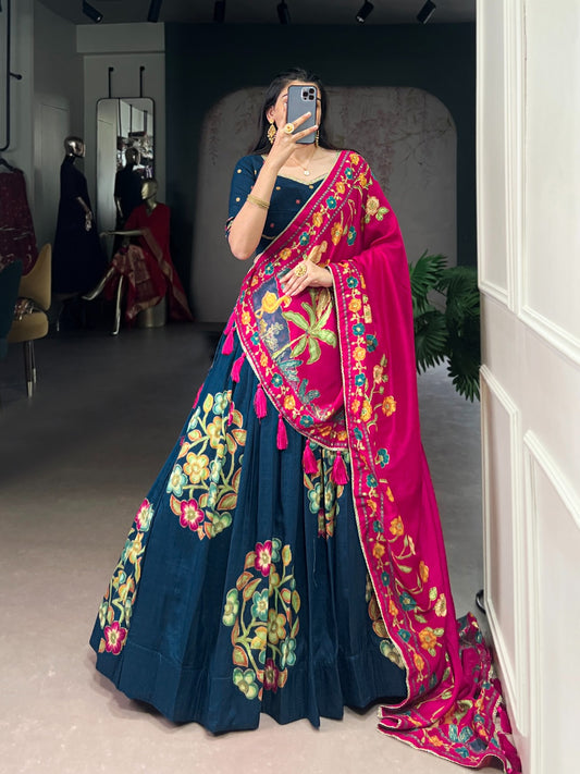 Beautiful Tasar Silk Printed & Foil Work With Lace Touch Up Lehenga Choli