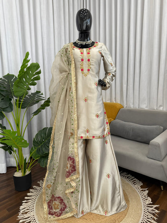 Party-wear Japan Satin Silk Thread With Sequence Work Sharara