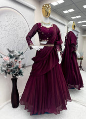 Party-wear Designer Two Tone Fendy Silk Embroidery Sequins & Codding Work Lehenga Saree