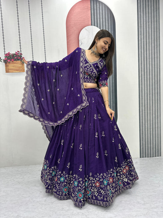 Festival Special Blooming Vichitra Silk Embroidery Thread Lehenga With Stitched Blouse