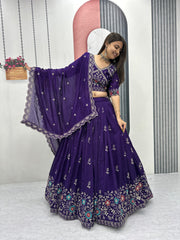 Festival Special Blooming Vichitra Silk Embroidery Thread Lehenga With Stitched Blouse