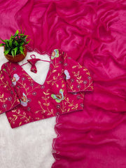 Beautiful Fendy Satin Zari Cut Work Saree With Moti Work Stitched Blouse