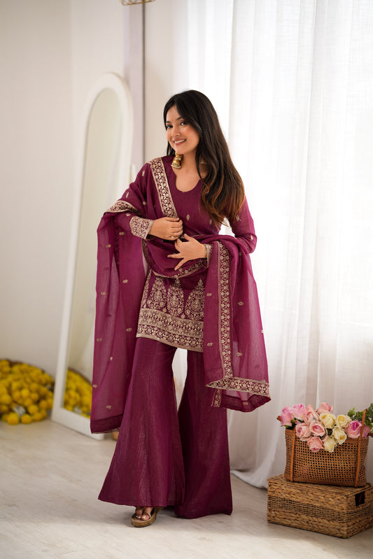 Party-wear Crunchy Silk Embroidery Sequence Work Sharara