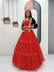 Beautiful Georgette Bandhej Big Flair Lehenga With Jacket