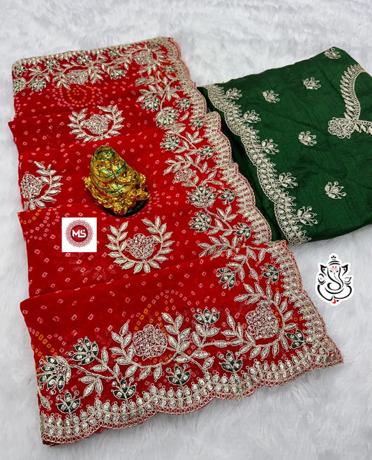 Beautiful Georgette Bhandhini Printed Zarkan Diamonds Work Saree