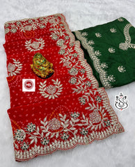 Beautiful Georgette Bhandhini Printed Zarkan Diamonds Work Saree