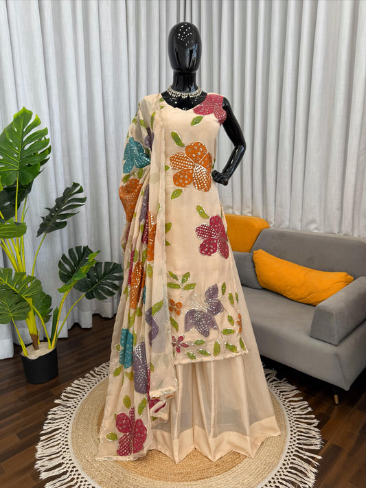 Beautiful Tibby Organza Silk Brush Print With Intricate Sequence Work Dress