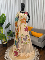 Beautiful Tibby Organza Silk Brush Print With Intricate Sequence Work Dress