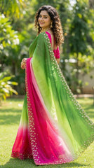 Beautiful Pure soft Chinon Peding Katdana Moti With Real Mirror Work Saree