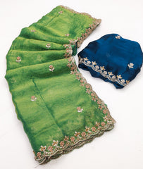 Party-wear Fendy Chiffon Flower Embroidery With Hand Moti Work Saree