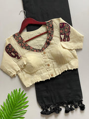 Beautiful Pure Khadi Cotton With Apllic Work Elephant Designer Blouse Saree