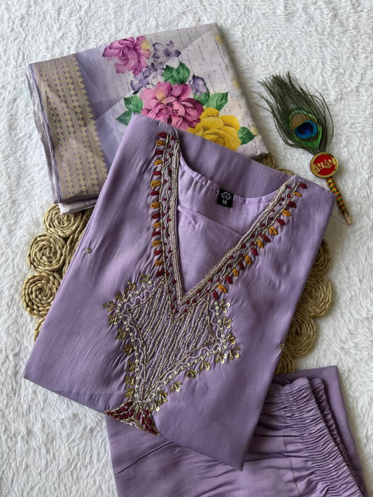 Beautiful Mul Chanderi Roam Silk Lavender Colour Suit Set