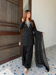 Party-wear French Crape Beads & Sequence Embroidery Work Salwar Suit