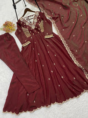 Beautiful Vichitra Silk Beads Sequence Embroidery Work Gown