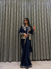 Designer Indo Western French Crepe Embroidery Work Lehenga Saree