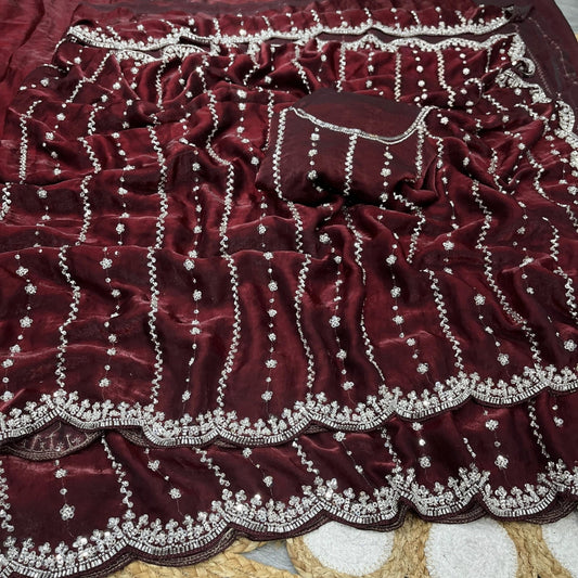 Party-wear Fendy Silk Beads With Cutwork Saree