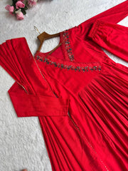 Beautiful Cherry Red Pure Mul Cotton Chanderi Gown