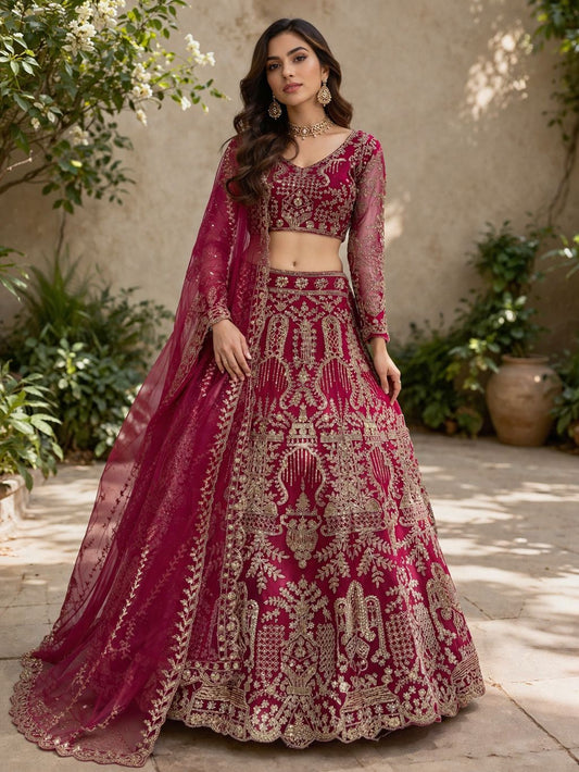 Designer Wedding Wear Deep Red Embroidered Lehenga Choli