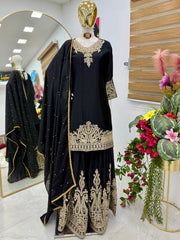 Party-wear Chinon Silk Coding Embroidery Sequence Work Sharara