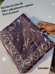 Beautiful Soft Shine Chocolate Silk Fabric Sequence & Cut work Saree